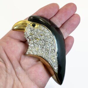 Bird Brooch, Penguin, Rhinestone, Enamel, Black, Gold Tone, Glass, Vintage